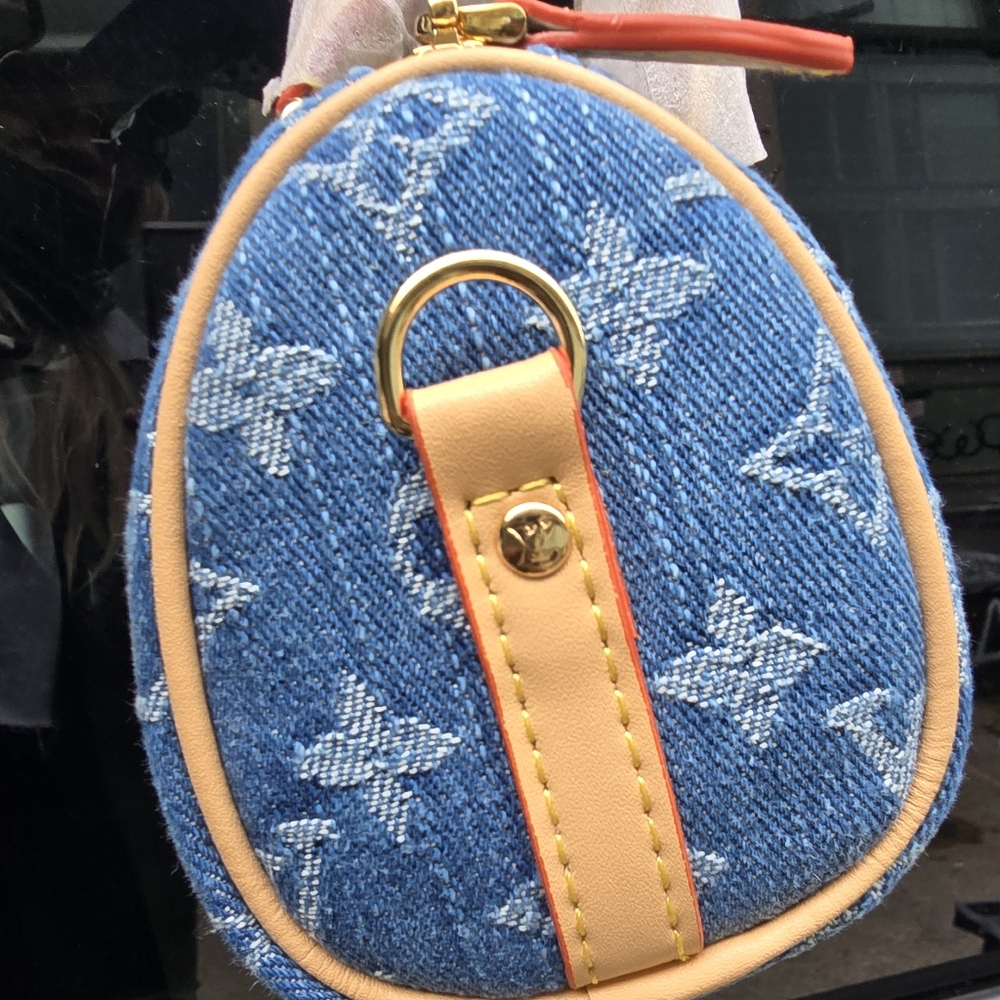 Blue Denim Monogram Micro Mini Bag with Tan Leather Trim - Picture 6 of 14